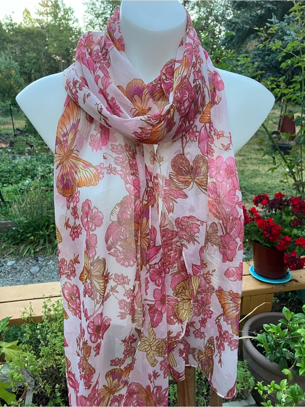 Lightweight floral butterfly long scarf 20 x 80” polyester